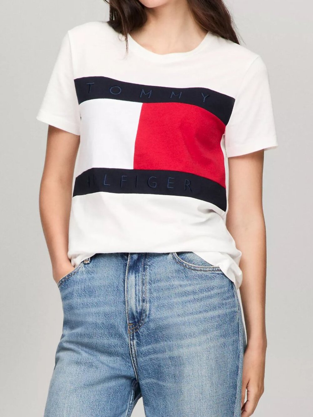 Tommy Hilfiger 100% Cotton Crewneck Color Block White Red Blue T-shirt Tee Flag